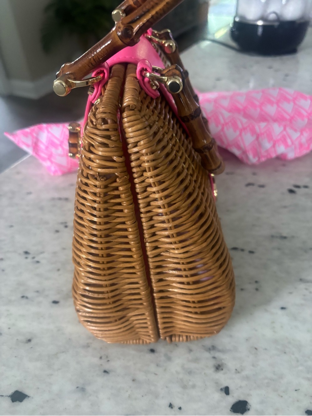 Lilly Pulitzer Leena Handle top Woven Rattan Satchel with Bright Pink Flap. - Picture 6 of 7